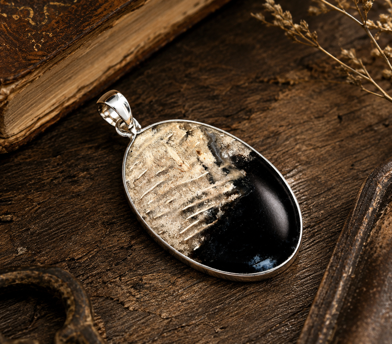 Natural Black Root Plume Agate Pendant